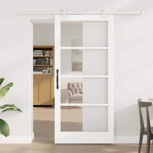 Drzwi przesuwne 93 x 202 cm Lite drewno sosnowe i szkło Biały