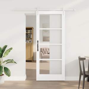 Drzwi przesuwne 83 x 202 cm Lite drewno sosnowe i szkło Biały