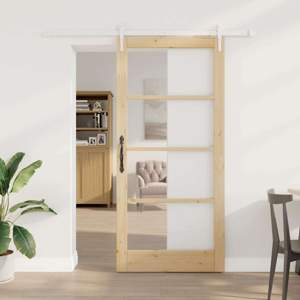 Drzwi przesuwne 93 x 202 cm Lite drewno sosnowe i szkło