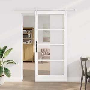 Drzwi przesuwne 93 x 202 cm Lite drewno sosnowe i szkło Biały