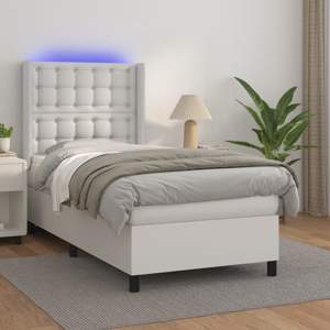 Łóżko kontynentalne z materacem i LED, biała ekoskóra 90x190 cm