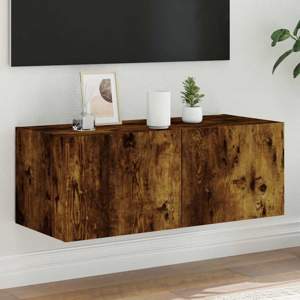 Ścienna szafka TV z LED, przydymiony dąb, 80x35x31 cm