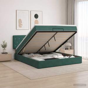 Łóżko ottoman z materacem Ciemnozielony 140 x 190 cm Welur