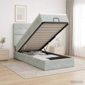 Łóżko ottoman z materacem jasnoszary 100 x 200 cm Welur