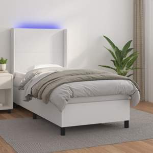 [3139230] Łóżko kontynentalne z materacem i LED, biała ekoskóra 80x200 cm