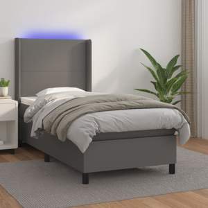 [3139239] Łóżko kontynentalne z materacem i LED, szara ekoskóra 90x190 cm