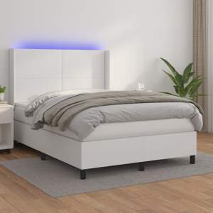 [3139266] Łóżko kontynentalne z materacem i LED, biała ekoskóra 140x200cm