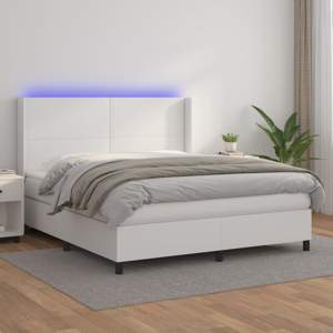 [3139272] Łóżko kontynentalne z materacem i LED, biała ekoskóra 160x200cm