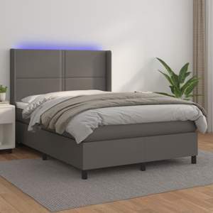 [3139323] Łóżko kontynentalne z materacem i LED, szara ekoskóra 140x190cm