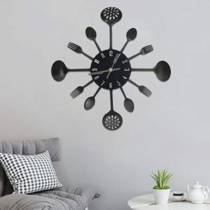 [325163] Zegar ścienny z łyżek i widelców, czarny, 40 cm, aluminium