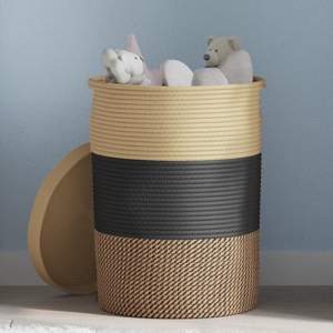 [358479] Kosz z pokrywą, czarno-beżowy, Ø37x50 cm, bawełna