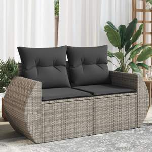 [366124] Sofa ogrodowa z poduszkami, 2-osobowa, szara, polirattan