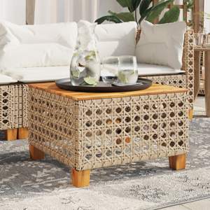 [365931] Stolik ogrodowy, beż, 55x55x36 cm, rattan PE i drewno akacjowe